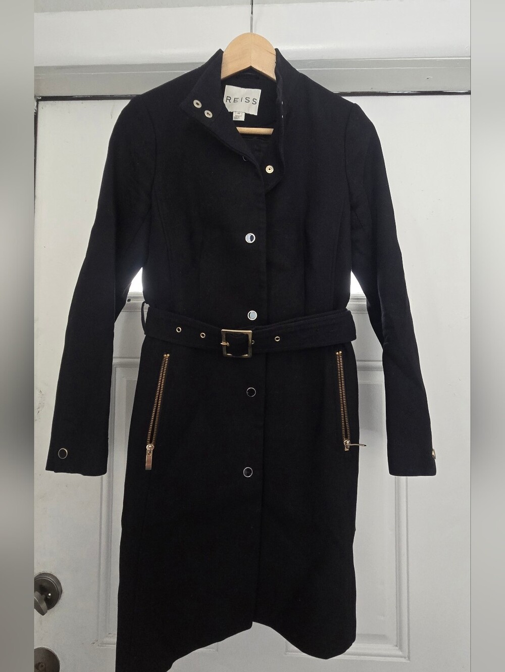 REISS XS Smart Midnight Black Belted Lined MARGO Gold Hardware Trench Coat